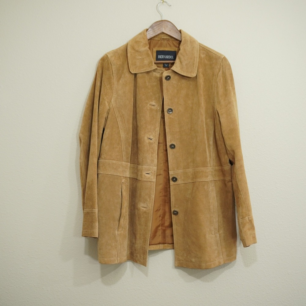 Bernardo Women's Medium Tan Suede Leather Barn Coat Jacket Button Front Collared